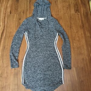 Gray Hooded Sweater Dress with White Stripes